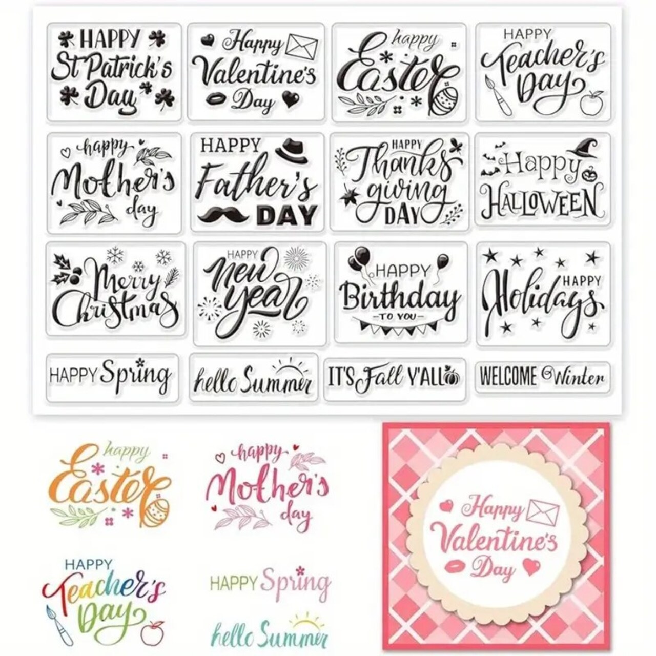 Designer Holidays And Occasions Sentiment Cling Stamps-16 Pieces